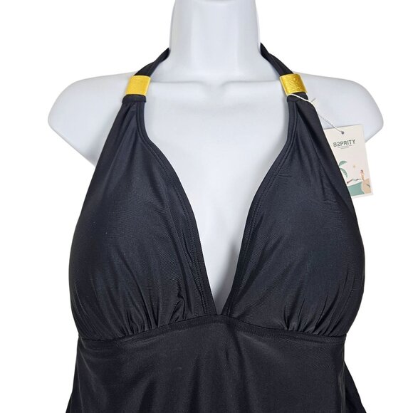 B2prity Womens Halter Tankini 2-Piece Plus 4XL Swimsuit Black Floral Tropical - Picture 6 of 9